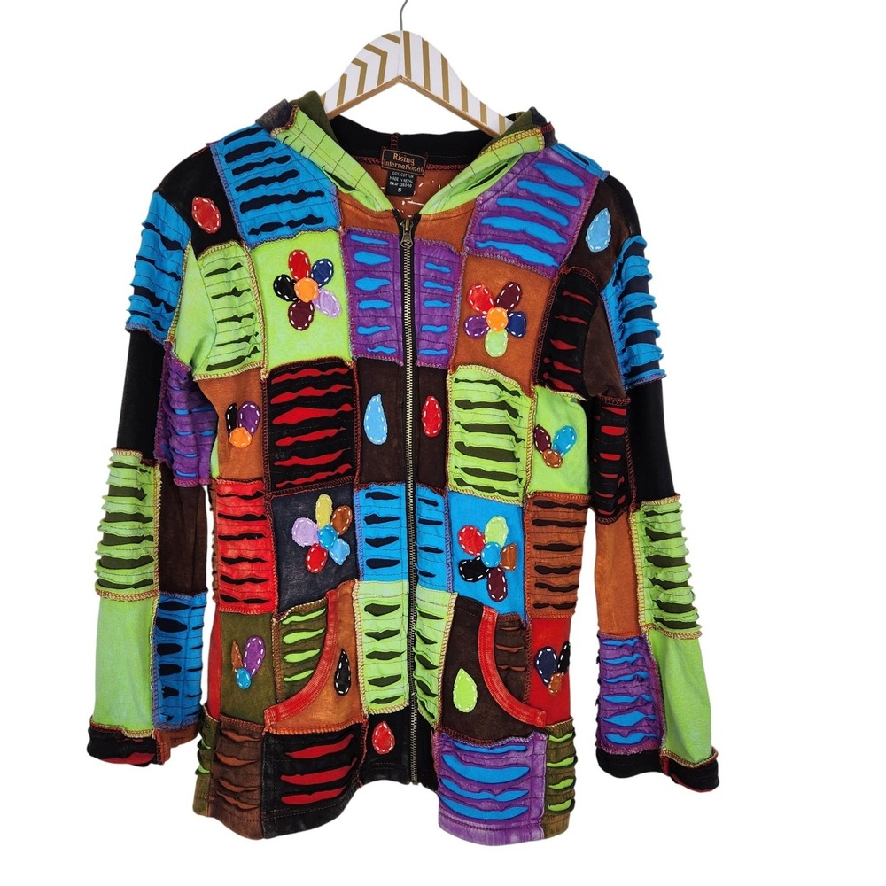 RISING INTERNATIONAL Hoodie Womens Small Art to Wear Patchwork Boho Zip Applique